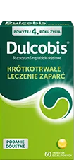 Dulcobis w tabletkach, duże opakowanie straczy na dłużej, 60 tabletek bez recepty; szybki sposób na zaparcia.