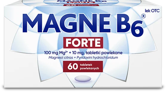 Magnez lek Magne B6 Forte, opakowanie zawiera 60 tabletek powlekanych, na skurcze mięśni, zmęczenie i stres.