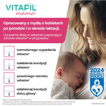 Vitapil Mama, wypadanie włosów po ciąży i podczas karmienia piersią, kapsułki twarde, 60 sztuk - obrazek 3