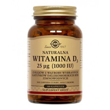 SOLGAR WITAMINA D3 naturalna 25mcg, kapsułki, 100 sztuk
