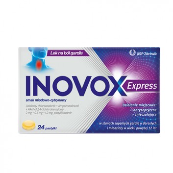 INOVOX EXPRESS Smak miodowo-cytrynowy, 24 past. Na ból gardła, cena, opinie, wskazania - obrazek 1 - Apteka internetowa Melissa