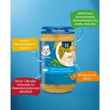 GERBER JUNIOR Obiadek rybka z marchewką, groszkiem i kluseczkami po 12 miesiącu - 250 g - obrazek 4