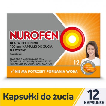 Nurofen dla dzieci Junior ibuprofen 100 mg kapsułki do żucia, 12 sztuk - obrazek 1 - Apteka internetowa Melissa