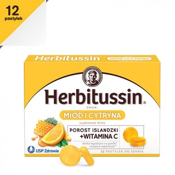 HERBITUSSIN POROST ISLANDZKI + Wit. C smak miód i cytryna - 12 past. do ssania