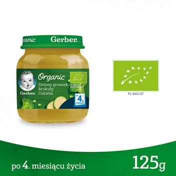 GERBER ORGANIC Zielony groszek Brokuły Cukinia po 4 miesiącu - 125 g - obrazek 1 - Apteka internetowa Melissa