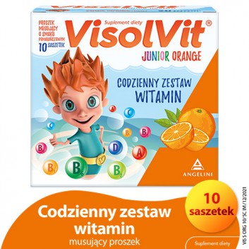 VisolVit Junior Orange, witaminy dla dzieci po 3 r.ż., musujący proszek o smaku pomarańczowym, 10 sasz., cena, opinie, wskazania