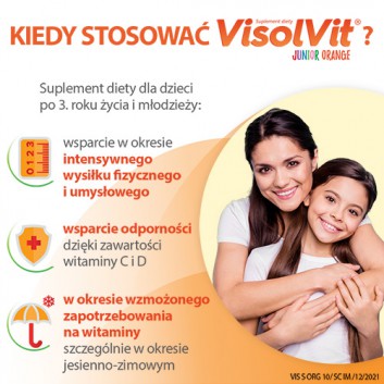 VisolVit Junior Orange, witaminy dla dzieci po 3 r.ż., musujący proszek o smaku pomarańczowym, 10 sasz., cena, opinie, wskazania - obrazek 3