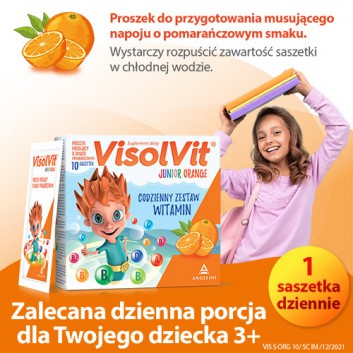 VisolVit Junior Orange, witaminy dla dzieci po 3 r.ż., musujący proszek o smaku pomarańczowym, 10 sasz., cena, opinie, wskazania - obrazek 5