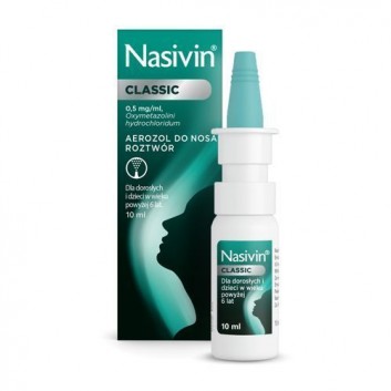 NASIVIN CLASSIC 0,5 mg/ml Aerozol do nosa, 10 ml - obrazek 1 - Apteka internetowa Melissa