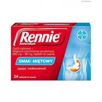 Rennie Antacidum o smaku miętowym, na zgagę, refluks i niestrawność, 24 tabletki do ssania