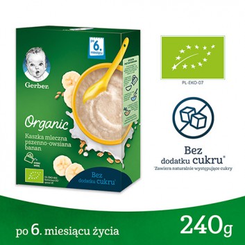 GERBER ORGANIC Kaszka mleczna pszenno-owsiana bananowa, po 6. miesiącu - 240 g - obrazek 1 - Apteka internetowa Melissa