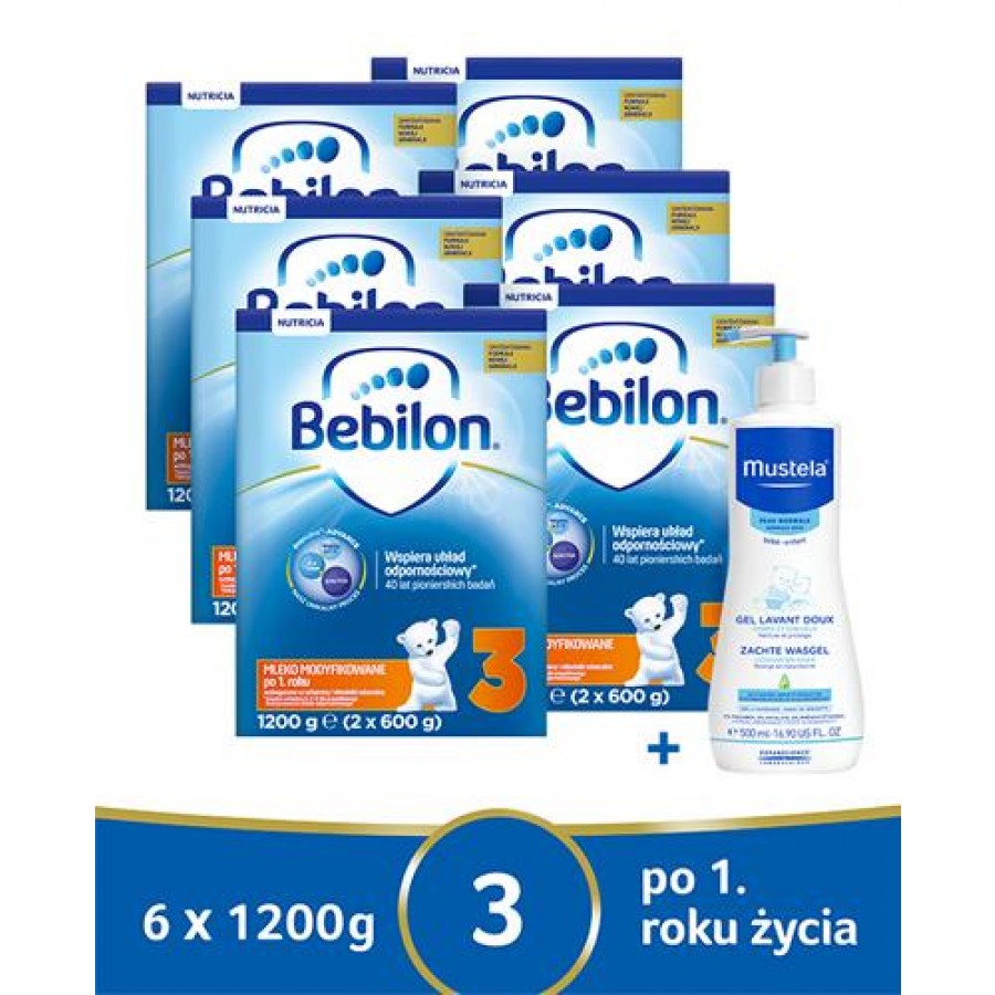 BEBILON 3 JUNIOR Pronutra­ Advance Mleko modyfikowane w proszku - 6 x 1200 g + MUSTELA BEBE ENFANT Żel do mycia głowy i ciała dla niemowląt i dzieci - 500 ml - obrazek 1 - Apteka internetowa Melissa