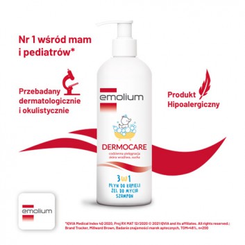 Emolium DERMOCARE 3w1 płyn do kąpieli, żel do mycia, szampon, 400 ml - obrazek 5