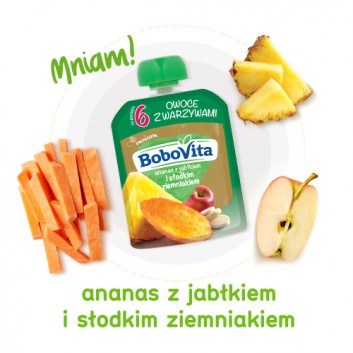 BOBOVITA MUS Ananas z jabłkiem i słodkim ziemniakiem po 6 m-cu - 80 g - cena, właściwości, opinie  - obrazek 2 - Apteka internetowa Melissa