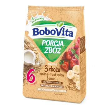 BOBOVITA PORCJA ZBÓŻ Kaszka mleczna 3 zboża, malina-truskawka-banan, po 6 miesiącu, 210 g 