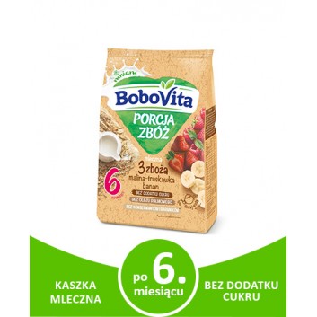 BOBOVITA PORCJA ZBÓŻ Kaszka mleczna 3 zboża, malina-truskawka-banan, po 6 miesiącu, 210 g  - obrazek 2