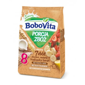 BOBOVITA PORCJA ZBÓŻ Kaszka mleczna zbożowo - owsiana 7 zbóż, truskawka - banan, po 8 miesiącu - 210 g - cena, stosowanie, opinie   