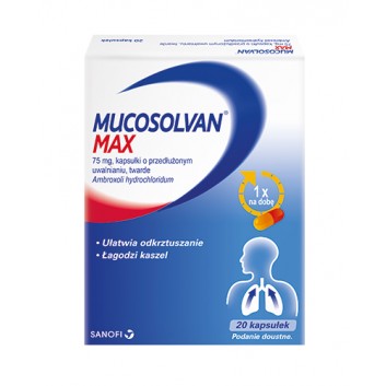 MUCOSOLVAN MAX 75 mg kapsułki na kaszel bez recepty, 20 szt., opinie, wskazania, właściwości - obrazek 1 - Apteka internetowa Melissa