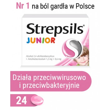 Strepsils Junior, pastylki na ból gardła dla dzieci, 24 pastylki do ssania - cena, opinie, właściwości 
