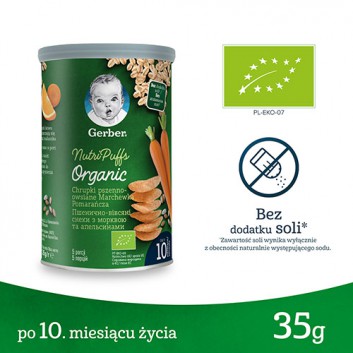 Gerber Organic Chrupki pszenno - owsiane Marchewka Pomarańcza Nutri Puffs po 10 miesiącu - 35 g - cena, opinie, składniki - obrazek 1 - Apteka internetowa Melissa