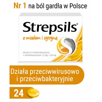 Strepsils z miodem i cytryną, na ból gardła, 24 pastylki do ssania, cena, opinie, wskazania 
