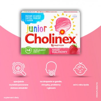 Cholinex Junior, pastylki do ssania, smak malinowy, 16 sztuk - obrazek 2