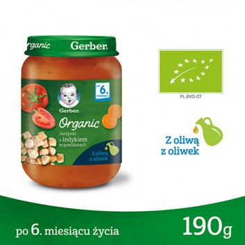 Gerber Organic Jarzynki z indykiem w pomidorach po 6 miesiącu - 190 g - cena, opinie, właściwości - obrazek 1 - Apteka internetowa Melissa