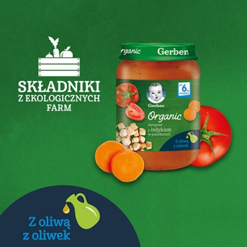 Gerber Organic Jarzynki z indykiem w pomidorach po 6 miesiącu - 190 g - cena, opinie, właściwości - obrazek 2 - Apteka internetowa Melissa