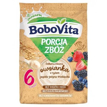 BoboVita Porcja Zbóż Delikatna Mleczna Owsianka z ryżem jagoda-jeżyna-truskawka po 6. miesiącu, 210 g - obrazek 1 - Apteka internetowa Melissa