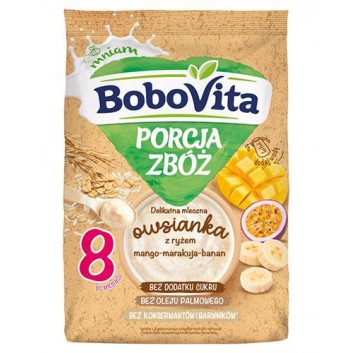 BoboVita Porcja Zbóż Delikatna Mleczna Owsianka z ryżem mango-marakuja-banan po 8. miesiącu, 210 g - obrazek 1 - Apteka internetowa Melissa