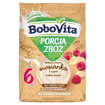BoboVita Porcja Zbóż Delikatna Mleczna Owsianka z ryżem malina-banan po 6. miesiącu, 210 g - obrazek 1 - Apteka internetowa Melissa