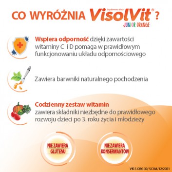 VisolVit Junior Orange, witaminy dla dzieci po 3 r.ż., musujący proszek o smaku pomarańczowym, 30 saszetek - obrazek 2