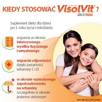 VisolVit Junior Orange, witaminy dla dzieci po 3 r.ż., musujący proszek o smaku pomarańczowym, 30 saszetek - obrazek 3