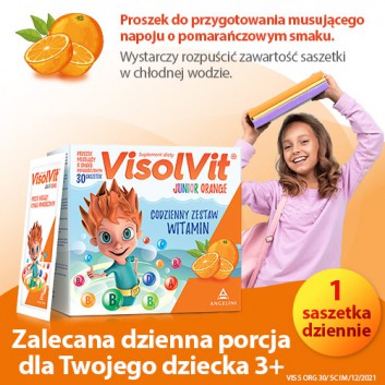 VisolVit Junior Orange, witaminy dla dzieci po 3 r.ż., musujący proszek o smaku pomarańczowym, 30 saszetek - obrazek 5
