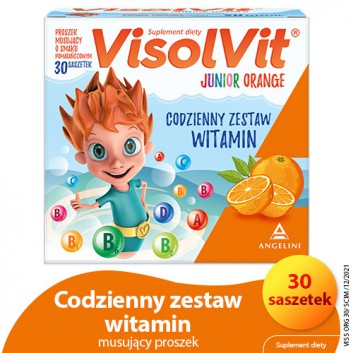 VisolVit Junior Orange, witaminy dla dzieci po 3 r.ż., musujący proszek o smaku pomarańczowym, 30 saszetek
