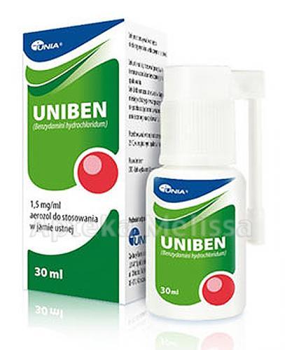  UNIBEN Aerozol 1,5 mg/1 ml, przy objawach ostrego stanu zapalnego jamy ustnej i gardła, 30 ml - Apteka internetowa Melissa  