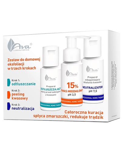 AVA Zestaw do domowej eksfoliacji Odtłuszczacz - 50 ml + Peeling kwasowy 15% Kwas migdałowy pH 3.5 - 50 ml + Neutralizator pH 7.5 - 50 ml - cena, opinie, właściwości - Apteka internetowa Melissa