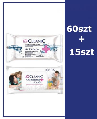 CLEANIC ANTIBACTERIAL FAMILY Chusteczki odświeżające - 60 szt.+ CLEANIC ANTIBACTERIAL Chusteczki odświeżające - 15 szt. - Apteka internetowa Melissa
