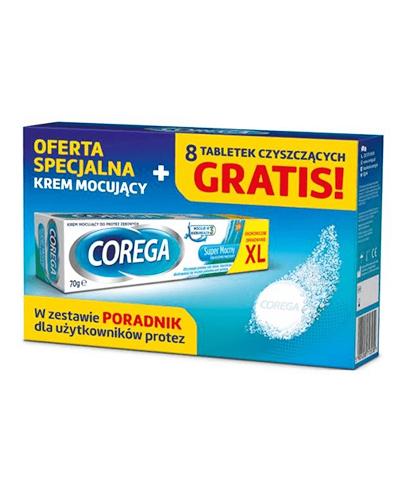 Corega Super Mocny Krem mocujący do protez zębowych delikatnie miętowy - 70 g + Tabletki czyszczące - 8 szt. + Poradnik - 1 szt. - cena, opinie, właściwości - Apteka internetowa Melissa