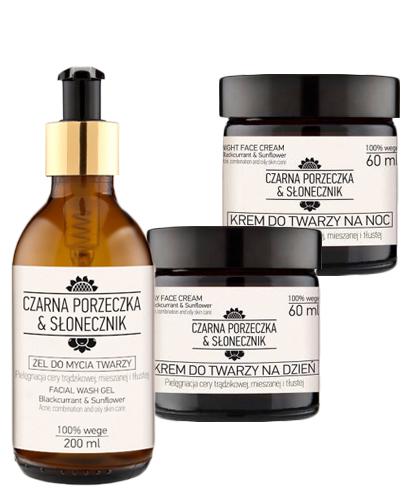 Czarna Porzeczka & Słonecznik Kuracja do cery trądzikowej, mieszanej i tłustej Krem do twarzy na dzień - 60 ml + Krem do twarzy na noc - 60 ml + Żel do mycia twarzy - 200 ml - cena, opinie, właściwości - Apteka internetowa Melissa