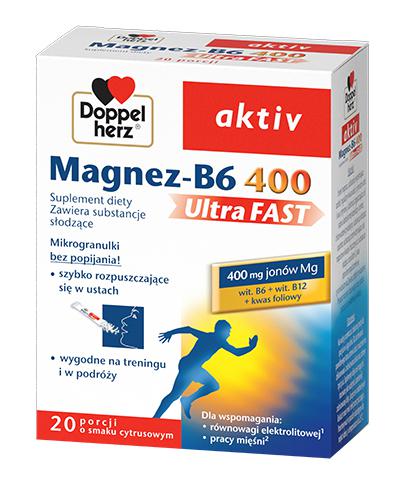 Doppelherz aktiv Magnez-B6 UltraFAST 400, granulki musujące w saszetkach, 20 sztuk