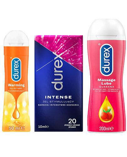 DUREX PLAY MASSAGE 2w1 żel intymny do masażu z Guaraną - 200 ml + DUREX PLAY Potęgujący doznania żel intymny przyjemnie rozgrzewający - 50 ml + DUREX INTENSE Żel stymulujący - 10 ml - Apteka internetowa Melissa