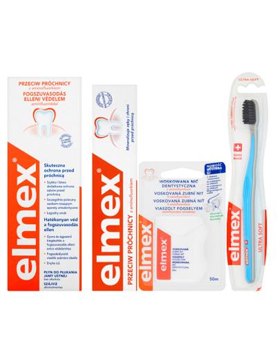 ELMEX Pasta do zębów - 75 ml + Ultra Soft Szczoteczka do zębów - 1 szt. + Płyn do płukania jamy ustnej przeciw próchnicy z aminofluorkiem - 400 ml + Nić dentystyczna woskowana - 50 m - Apteka internetowa Melissa  