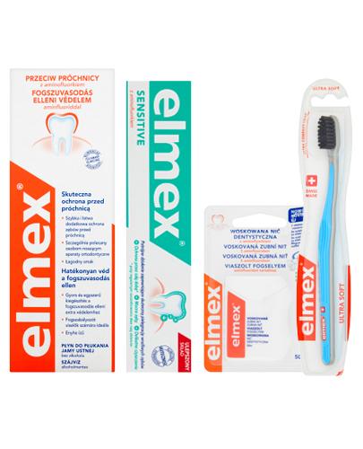  ELMEX SENSITIVE Pasta do zębów wrażliwych - 75 ml + Ultra Soft Szczoteczka do zębów - 1 szt. + Płyn do płukania jamy ustnej przeciw próchnicy z aminofluorkiem - 400 ml + Nić dentystyczna woskowana - 50 m - Apteka internetowa Melissa  
