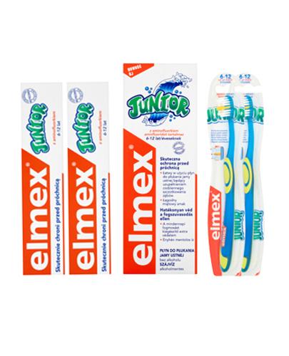  ELMEX Szczoteczka do zębów od 6 do 12 lat miękka - 2 szt. + ELMEX JUNIOR Pasta do zębów dla dzieci 6-12 lat - 2 x 75 ml + ELMEX JUNIOR Płyn do płukania jamy ustnej 6-12 lat - 400 ml - Apteka internetowa Melissa  
