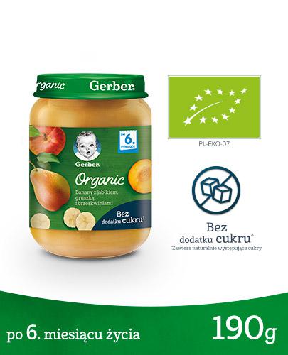  Gerber Organic Banany z jabłkiem, gruszką i brzoskwiniami po 6 miesiącu - 190 g - cena, opinie, wskazania - ważny do 2024-05-31  