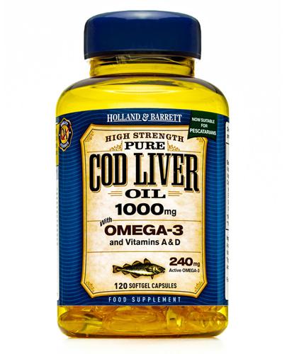 HOLLAND&BARRETT Olej z wątroby dorsza 1000 mg - 120 kaps. Kwasy Omega-3 i witaminy A i D. Data ważności 2021.07.31 - Apteka internetowa Melissa