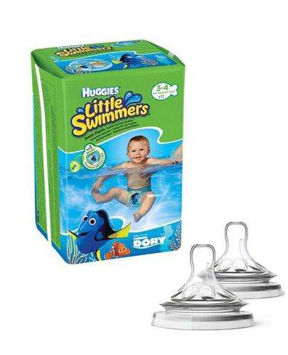 HUGGIES LITTLE SWIMMERS Pieluchomajtki dla chłopca Rozmiar 3-4, 7-15 kg - 12 szt. + AVENT NATURAL Smoczek do gęstych pokarmów 6 m+ - 2 szt. - Apteka internetowa Melissa