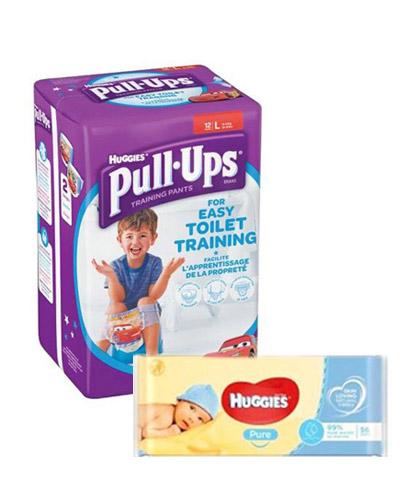 HUGGIES PULL-UPS Pieluchomajtki dla chłopca rozmiar L 16-23 kg - 12 szt. + HUGGIES PURE Chusteczki nawilżane - 56 szt. - Apteka internetowa Melissa