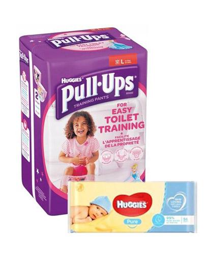 HUGGIES PULL-UPS Pieluchomajtki dla dziewczynki rozmiar L 16-23 kg - 12 szt. + HUGGIES PURE Chusteczki nawilżane - 56 szt. - Apteka internetowa Melissa